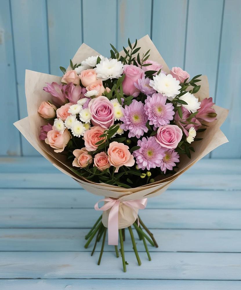 Букет цветов из: Хризантемы, Розы и Альстромерии в Кизнер