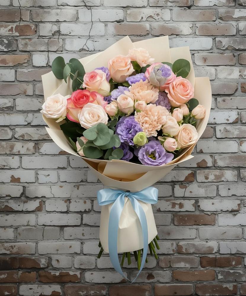 Букет цветов из: Розы, Лизиантусы и Гвоздики в Кизнер